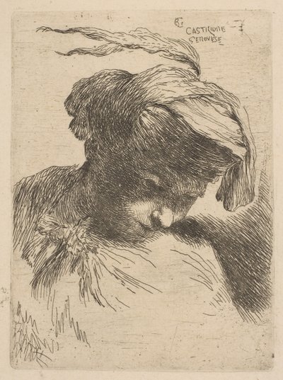 Giovane uomo che guarda in basso a destra, dalla serie di Piccole Teste in Copricapo Orientale, ca. 1645-50 da Giovanni Benedetto Castiglione