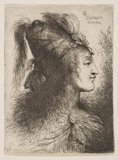 Giovane uomo con turbante piumato, rivolto a destra, dalla serie di Piccole Teste da Giovanni Benedetto Castiglione