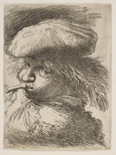 Giovane uomo con una tromba rivolto a sinistra, dalla serie di Piccole Teste in Orientale da Giovanni Benedetto Castiglione