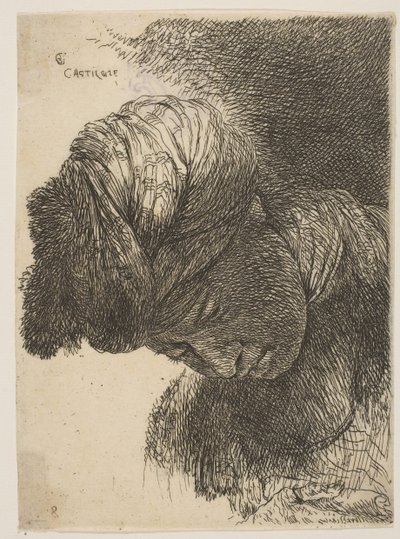Giovane uomo con la testa abbassata, che indossa un turbante, rivolto a sinistra, dalla serie o..., ca. 1645-1650 da Giovanni Benedetto Castiglione