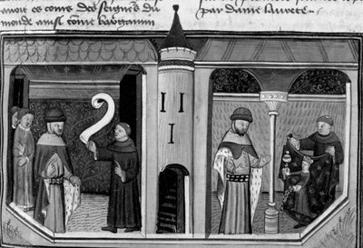 Decameron, Ermino Grimaldi interroga Guillaume Borsiere; Guillaume gli mostra l