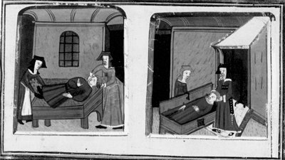 Decameron, la moglie di Mazzeo crede che il suo amante sia morto; la donna nasconde il corpo in un baule. Quarta giornata, racconto 10 da Giovanni Boccaccio