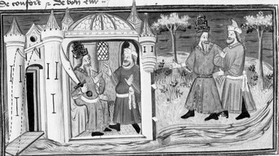 Decameron, Melchisedek racconta a Saladino la parabola dei tre anelli; i due uomini diventano amici. Prima giornata, racconto 3. da Giovanni Boccaccio
