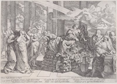 Il suicidio di Didone che giace su una pira al centro, circondata da molte figure, 1650-55 da Giovanni Cesare Testa