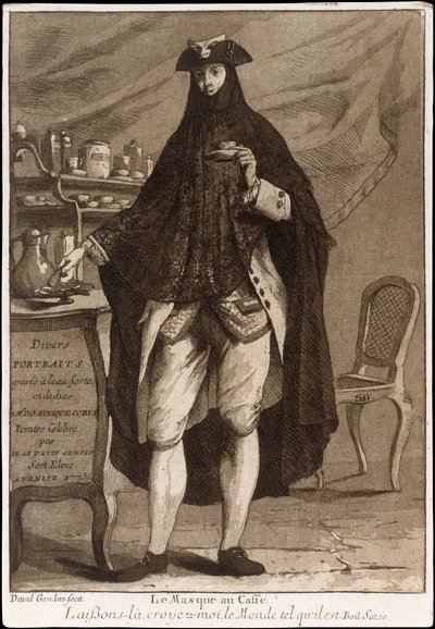 Un uomo con una maschera che beve una tazza di caffè (Le Masque au Café) da Giovanni David