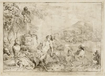 Paesaggio con una famiglia di satiri e scultura classica da Giovanni David after Giovanni Benedetto Castiglione