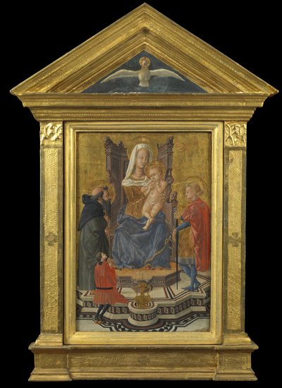 Vergine e Bambino in trono, con i Santi Antonio Abate e Giuliano e un Donatore (timpano sopra - Spirito Santo), c.1430 da Giovanni Di Ser Giovanni Lo Sheggia (attr. to) Guidi