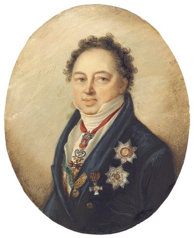 Conte Dmitry Pavlovich Tatishchev, rivolto a sinistra in cappotto blu, panciotto bianco e cravatta da Giovanni Domenico Bossi