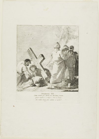 Cristo cade sotto la croce per la seconda volta, settimo piatto della Via Crucis da Giovanni Domenico Tiepolo
