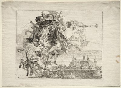 Fuga in Egitto: Dedica con figura alata della Fama che porta le armi del Principe-Vescovo di Würzburg da Giovanni Domenico Tiepolo