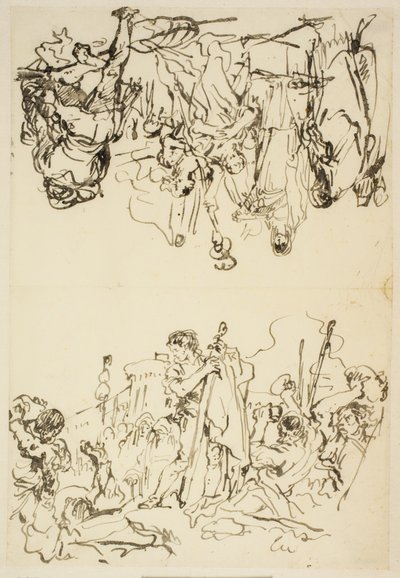 Foglio piegato con "Il martirio di Santo Stefano e Agrippina che sbarca a Brindisi con le ceneri di Germanico" da Giovanni Domenico Tiepolo