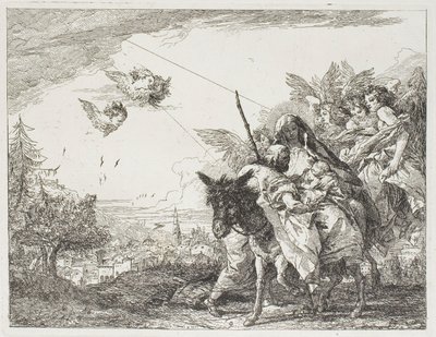 Giuseppe che adora il Bambino tenuto in braccio da Maria, tavola nove da La fuga in Egitto da Giovanni Domenico Tiepolo