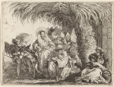 Giuseppe inginocchiato con il bambino davanti a Maria sull