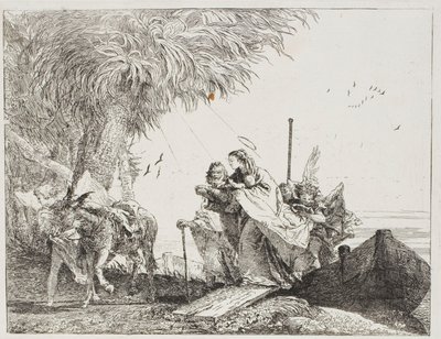 Maria, aiutata da Giuseppe e un angelo, scende dalla barca, tavola diciotto da La fuga in Egitto da Giovanni Domenico Tiepolo