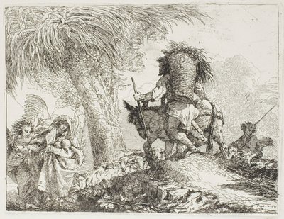 Maria, aiutata da un angelo, e Giuseppe che porta il cesto, passando un gregge, tavola 24 da La fuga in Egitto da Giovanni Domenico Tiepolo