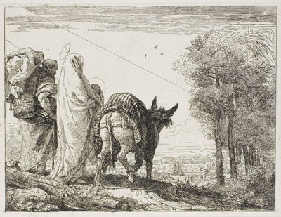 Maria che tiene il Bambino in braccio e Giuseppe con il cesto, tavola dieci da La fuga in Egitto da Giovanni Domenico Tiepolo