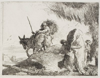 Maria, sostenuta da due angeli, segue Giuseppe, tavola 26 da La fuga in Egitto da Giovanni Domenico Tiepolo