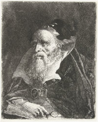 Vecchio con libro e lente d