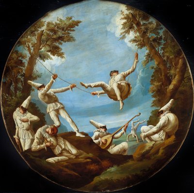 Pulcinella su altalene, che fanno musica e acrobazie in un paesaggio da Giovanni Domenico Tiepolo
