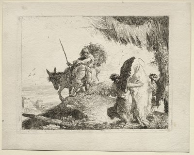 La fuga in Egitto: La fuga con la Madonna a destra sostenuta dagli angeli da Giovanni Domenico Tiepolo