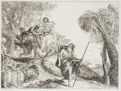 La Sacra Famiglia che scende un sentiero nella foresta, vicino a un gregge e alcuni pastori, tavola 21 da La fuga in Egitto da Giovanni Domenico Tiepolo