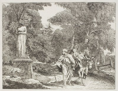 La Sacra Famiglia passa davanti a una statua, la cui testa cade a terra, tavola 22 da La fuga in Egitto da Giovanni Domenico Tiepolo