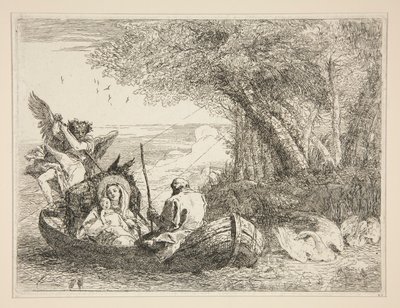 La Sacra Famiglia in viaggio in barca, dalla serie Idee pittoresche sopra la fuga in Egitto da Giovanni Domenico Tiepolo