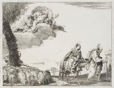 La Sacra Famiglia cammina lungo un muro della città. A sinistra, un pastore con il suo gregge e Dio Padre, tavola otto da La fuga in Egitto da Giovanni Domenico Tiepolo