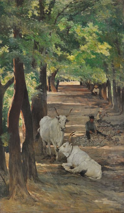 Viale con buoi e spaccapietre, c.1875 da Giovanni Fattori
