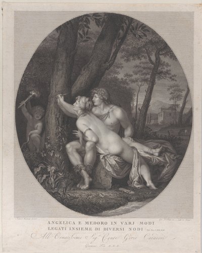 Angelica sdraiata sulle ginocchia di Medoro e scrive i loro nomi su un tronco d