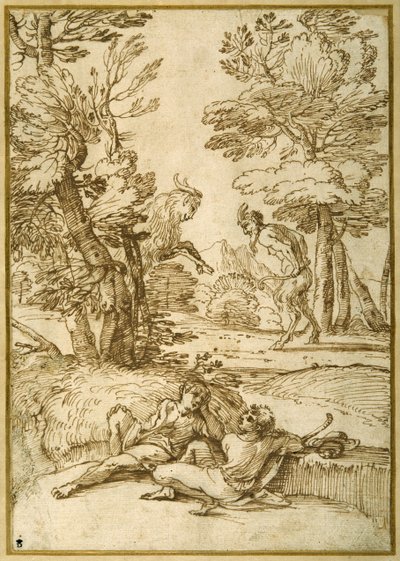 Paesaggio con due pastorelli che riposano, mentre un satiro e una capra danzano da Giovanni Francesco Grimaldi