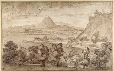 Paesaggio con una città collinare e una montagna più distante da Giovanni Francesco Grimaldi