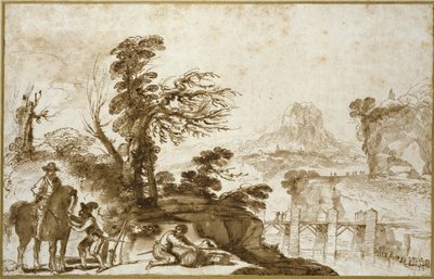 Paesaggio con cavaliere e ponte da Giovanni Francesco Barbieri