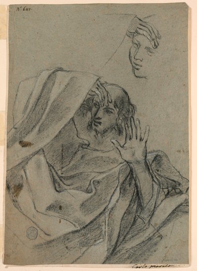 Studi di disegno con volto di donna e uomo sdraiato, e mano destra con avambraccio da Giovanni Francesco Barbieri