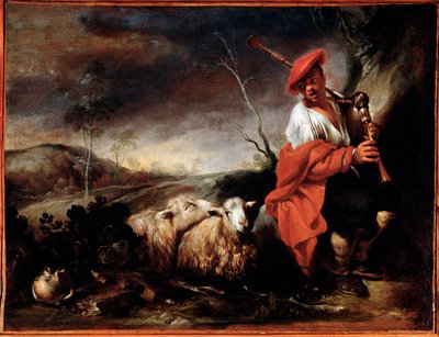 Pastore che suona la cornamusa con le sue pecore da Giovanni Francesco Castiglione