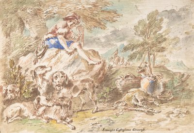 Giovane cacciatore con i suoi cani in un paesaggio da Giovanni Francesco Castiglione