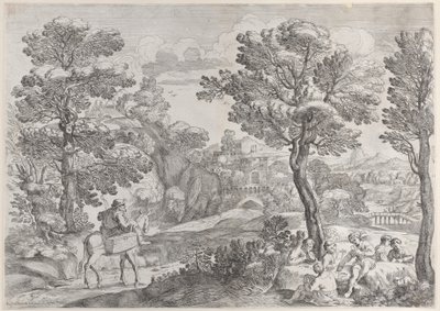 Gruppo di persone che giocano a carte a destra e un uomo a cavallo a sinistra da Giovanni Francesco Grimaldi