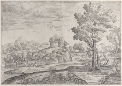 Una casa sopra una roccia rotonda al centro, persone nel fiume e in canoe, 1626-80 da Giovanni Francesco Grimaldi