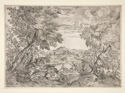 Paesaggio con tre uomini vicino a un fiume da Giovanni Francesco Grimaldi
