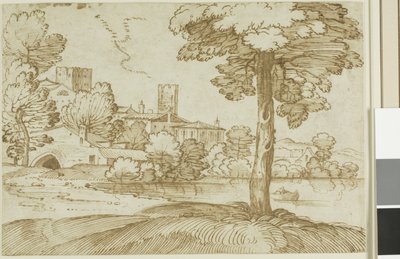 Paesaggio con un grande albero a destra e una vista lontana di una città a sinistra da Giovanni Francesco Grimaldi