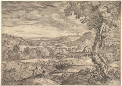 Paesaggio con una fabbrica di mattoni in secondo piano, un uomo in piedi in primo piano da Giovanni Francesco Grimaldi