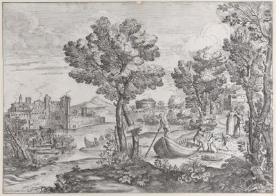 Paesaggio con un uomo che tiene un serpente davanti a un bambino terrorizzato, osservato da una donna alla moda, 1626-80 da Giovanni Francesco Grimaldi