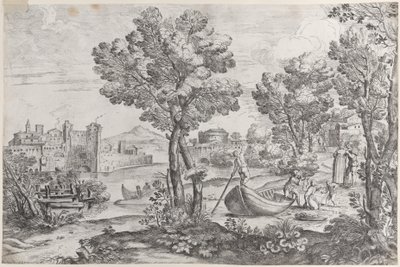 Paesaggio con un uomo che tiene un serpente a un bambino terrorizzato, osservato da una moda..., 1626-80 da Giovanni Francesco Grimaldi