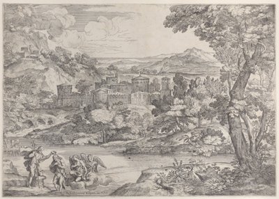 Il battesimo di Cristo in basso a sinistra, in un paesaggio da Giovanni Francesco Grimaldi