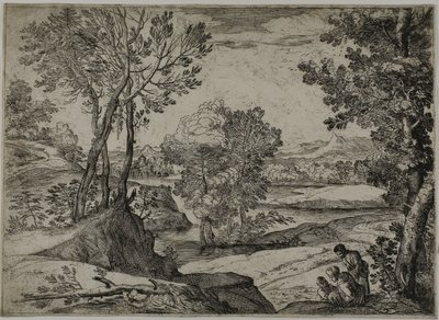 Donna, suo figlio e un uomo in piedi in un paesaggio da Giovanni Francesco Grimaldi