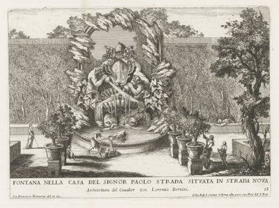 Fontana con uno stemma papale, due tritoni e delfini (serie Fontane nei palazzi e nei giardini di Roma) da Giovanni Francesco Venturini