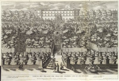Veduta del Palazzo dal Piano del Giardino con le sue Fontane, da La Fontane, pub. c 1691 da Giovanni Francesco Venturini