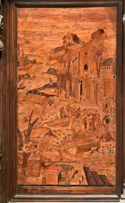 Genova, Duomo (Cattedrale di San Lorenzo), interno, abside, coro, lato nord: "Mosè salvato dalle acque", intarsio in legno di Giovanni Francesco Zambelli (XVI secolo) da Giovanni Francesco Zambelli