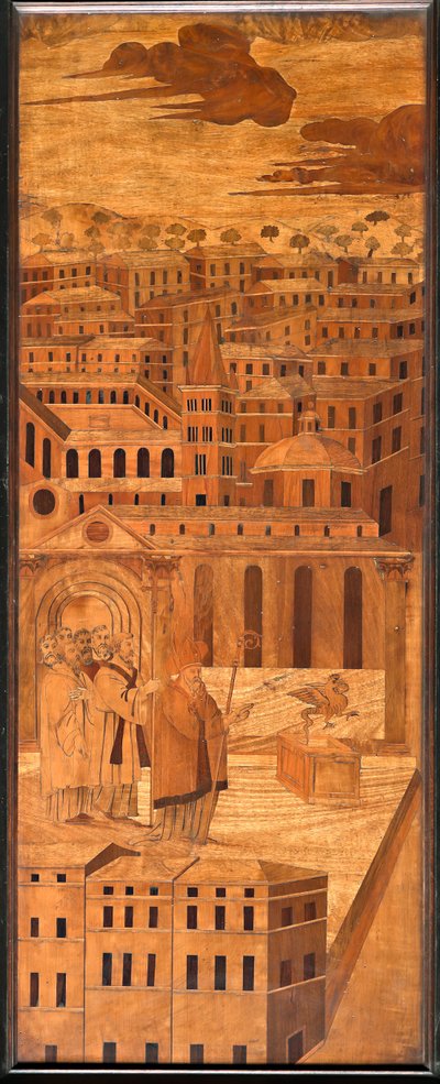 Genova, Duomo (Cattedrale di San Lorenzo), interno, abside, coro, lato nord: "San Siro scaccia il basilisco", intarsio in legno di Anselmo De