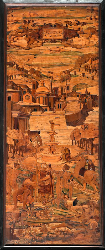 Genova, Duomo (Cattedrale di San Lorenzo), interno, abside, coro, lato sud: "Allegoria", intarsio ligneo di Giovanni Francesco Zambelli (XVI secolo) da Giovanni Francesco Zambelli
